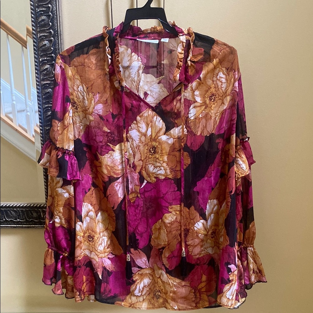 QVC Susan Graver women's M relaxed fit Boho Pink Brown Floral Peasant blouse